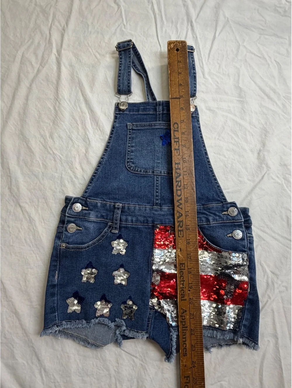 Justice Girls Size 10 Denim Shortalls Sequin Stars Striped Pocket Overalls